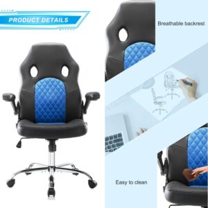 SMUG Gaming Chair Ergonomic Office Chair PU Leather Computer Chair High Back Desk Chair Adjustable Swivel Task Chair with Lumbar Support/Flip-up Armrests, Blue