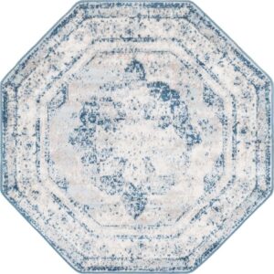 Rugs.com Monte Carlo Collection Rug – 4' Octagon Blue Medium Rug Perfect for Living Rooms, Kitchens, Entryways