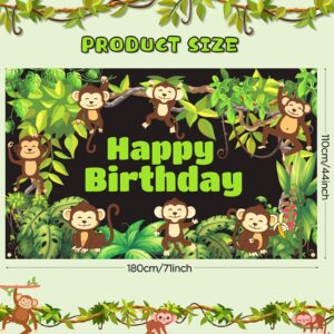 Monkey Jungle Safari Birthday Banner Decorations Cute Monkeys Theme Birthday Backdrop for Boy Girl Kid Forest Green Leaves Photography Background for Birthday Baby Shower Wild Party Supplies 71x44Inch