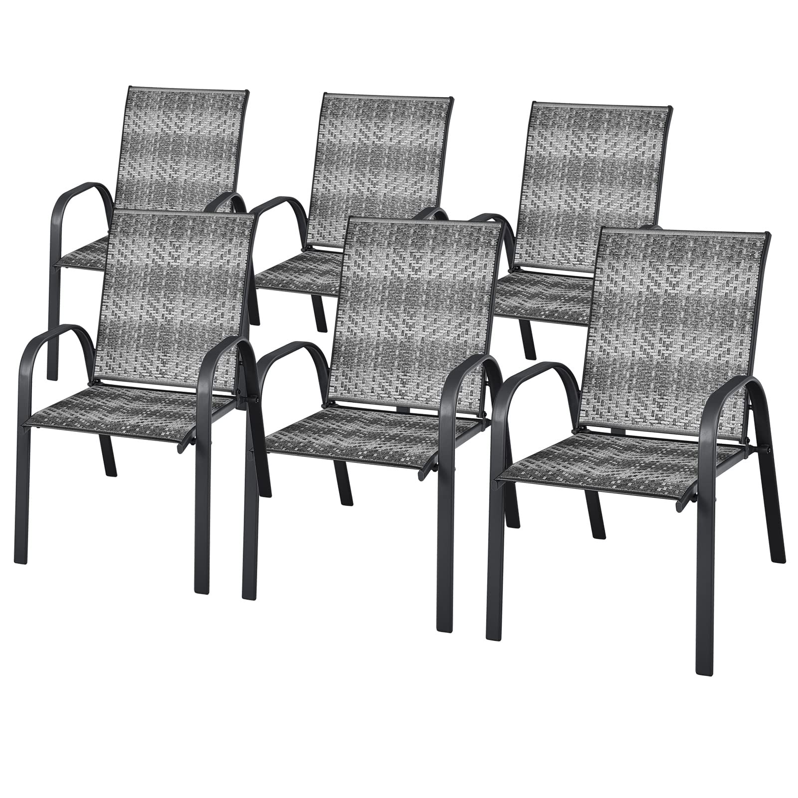 HAPPYGRILL Stackable Dining Chairs Set of 6, Outdoor PE Wicker Patio Arm Chairs with Rustproof Steel Frame, Stackable Bistro Deck Chairs for Backyard Garden and Poolside