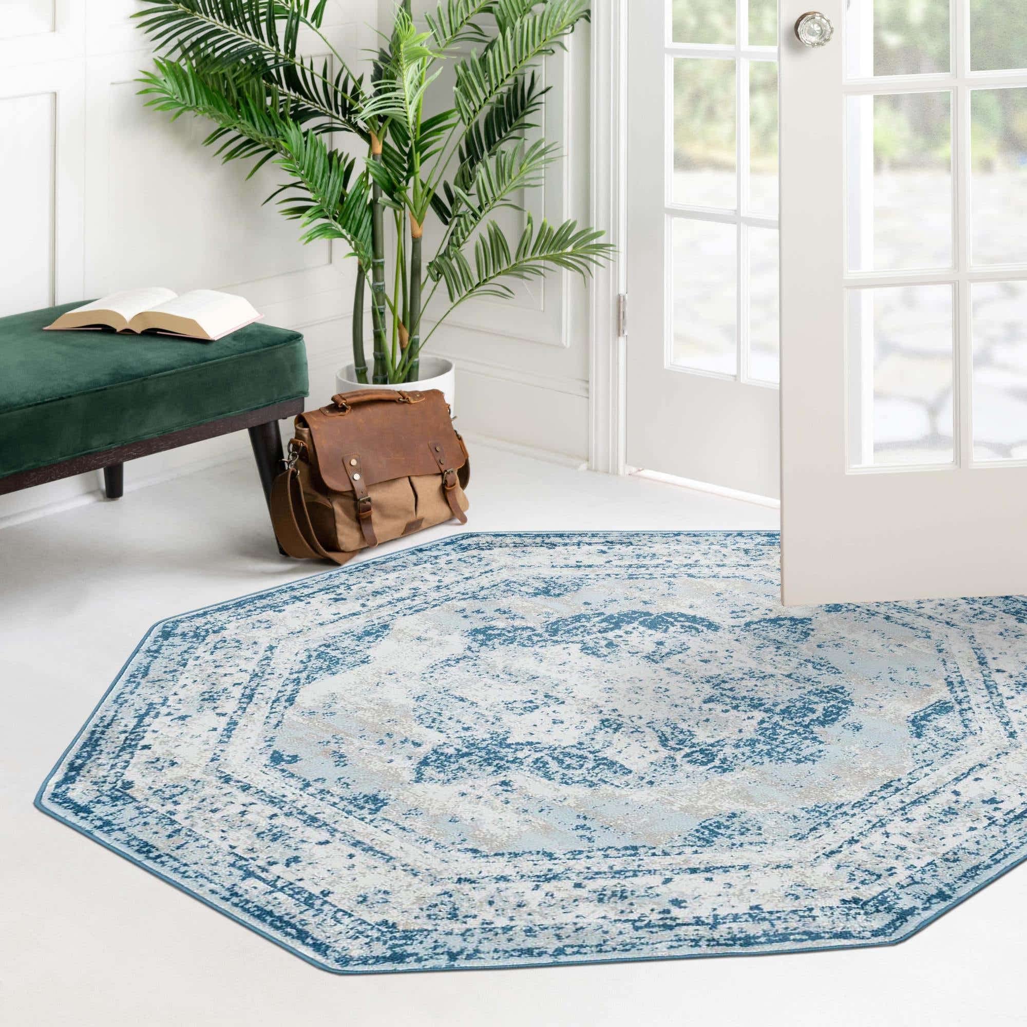 Rugs.com Monte Carlo Collection Rug – 4' Octagon Blue Medium Rug Perfect for Living Rooms, Kitchens, Entryways