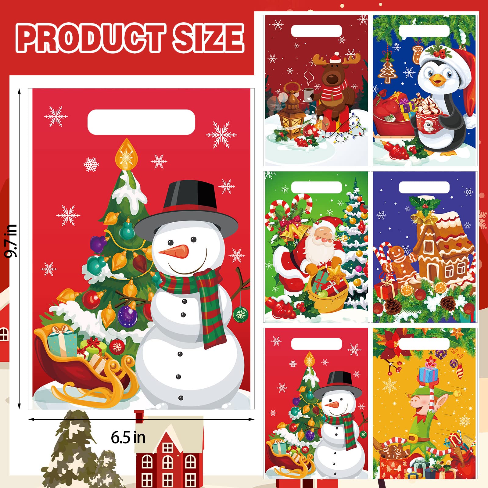 150 Pieces Christmas Bags Christmas Snacks Bags Xmas Plastic Party Favor Bags with Handles Christmas Gift Wrap Bags Goodie Bags for Christmas Holiday Goody Gift Party Decoration Supplies, 6 Styles