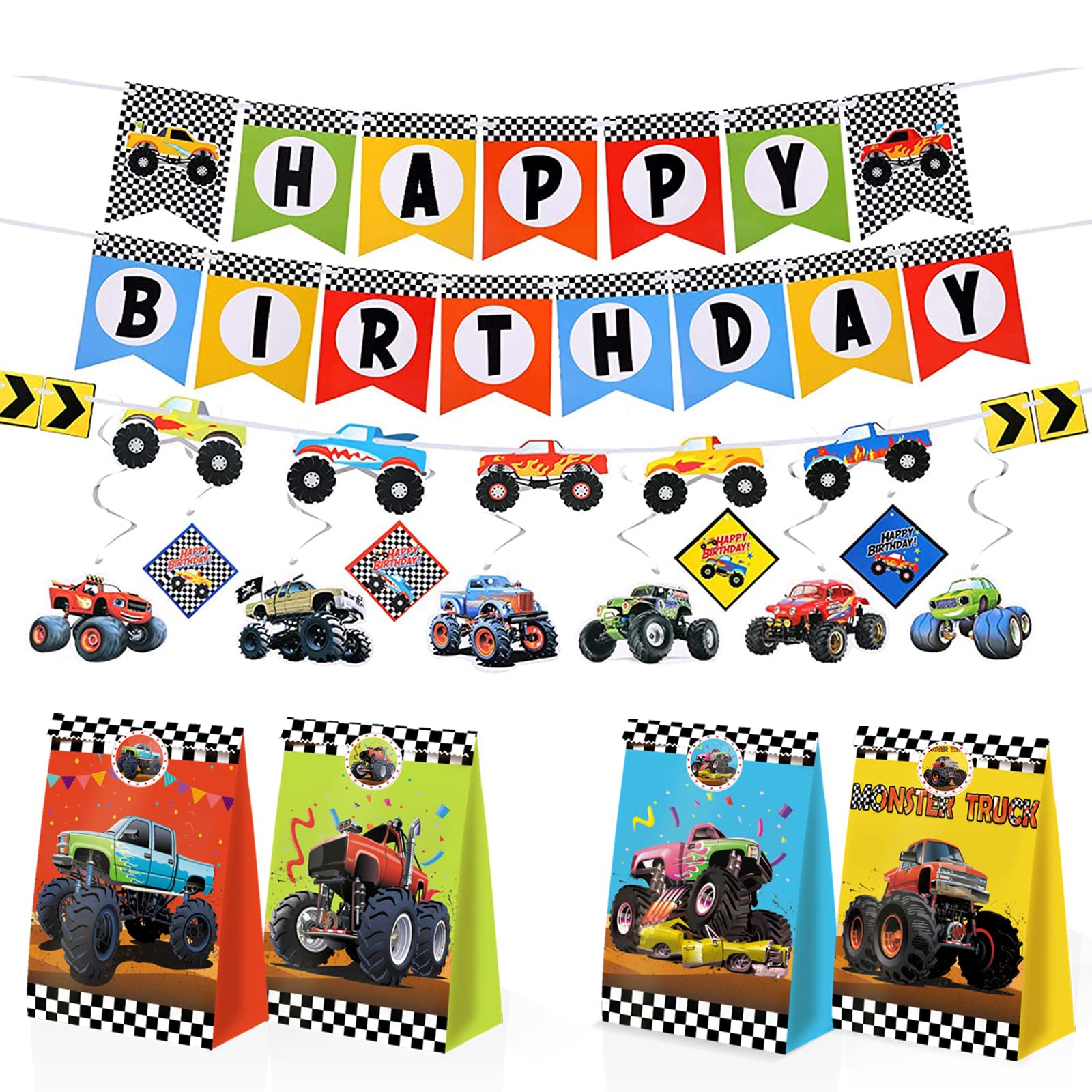 24pcs Monster Truck Goodie Bags Monster Truck Party Favors Monster Truck Treat Bags Monster Truck Birthday Party Supplies for Boys Monster Truck Party Decorations