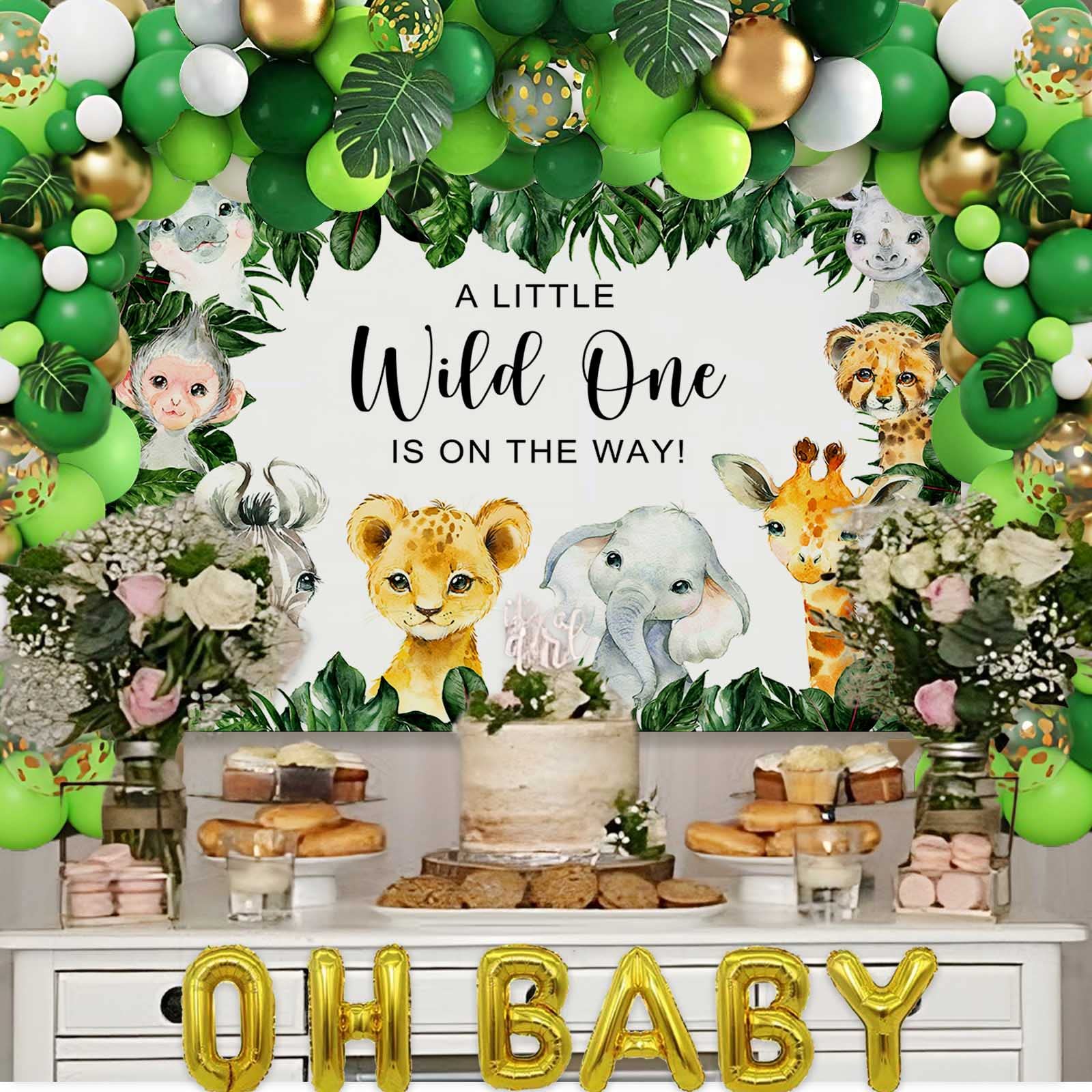 Yuzioey 224PCS Safari Baby Shower Decorations, Jungle Animals Oh Baby Party Supplies, Safari Disposable Dinnerware (Serve 24 Guests)with Paper Plates Cups, Backdrop Tablecloth Balloon Garland Kit