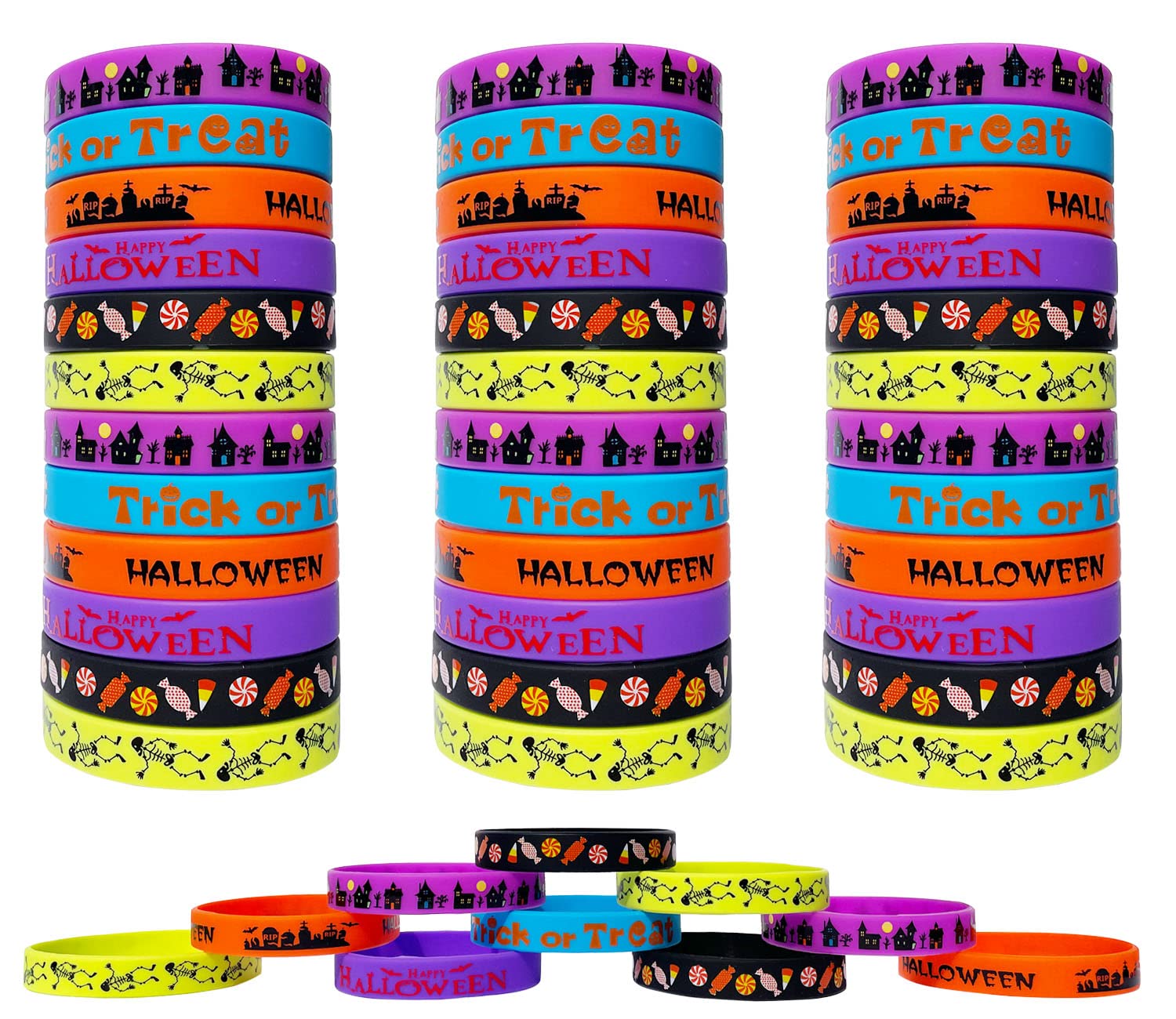 JAKADYUKS 60pcs Halloween Silicone Bracelets Party Rubber Wristband Trick or Treat Gifts School Gifts Supplies Return Gifts Bulk Toys for Teacher Prizes Party Accessories