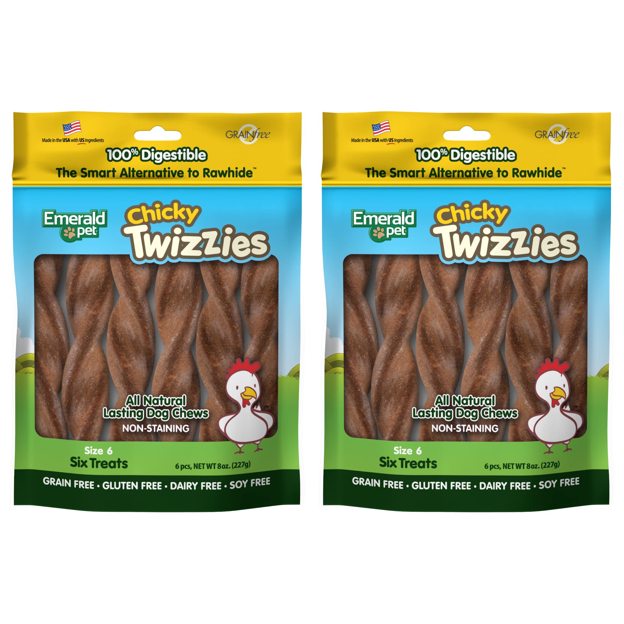 Emerald Pet Twizzies Dog Chews No Rawhide — Healthy and Tasty Rawhide Free Dog Chew Sticks — 100% Digestible, High Protein, Grain Free Dog Treats — Made in USA — Chicky, 6" Stick (6 Count/2 Pack)