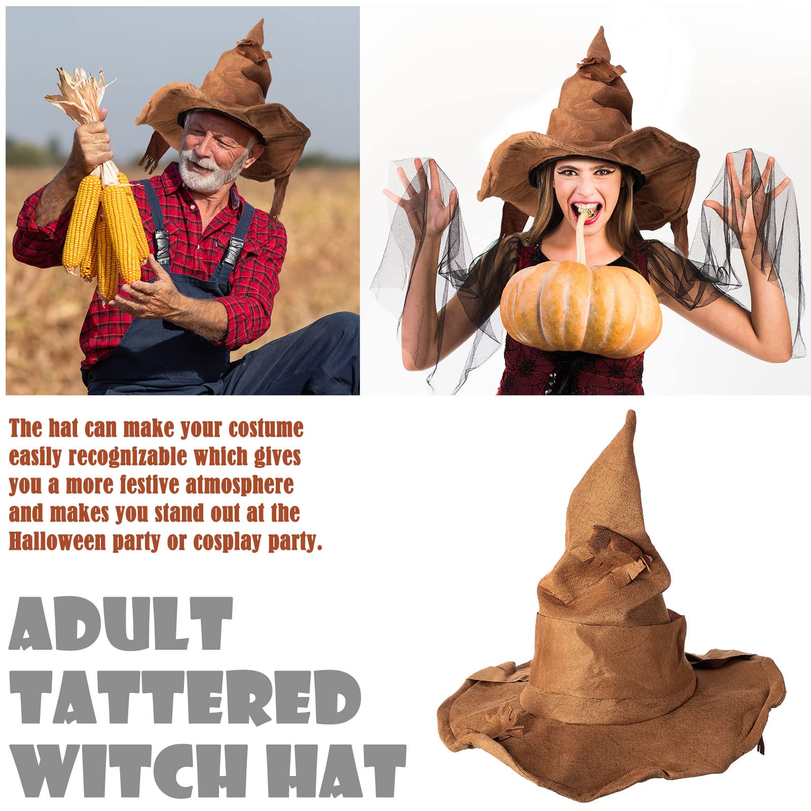 Halloween Adult Scarecrow Costume Hat Tattered Witch Hat Brown Wizard Hat for Halloween Party Accessories