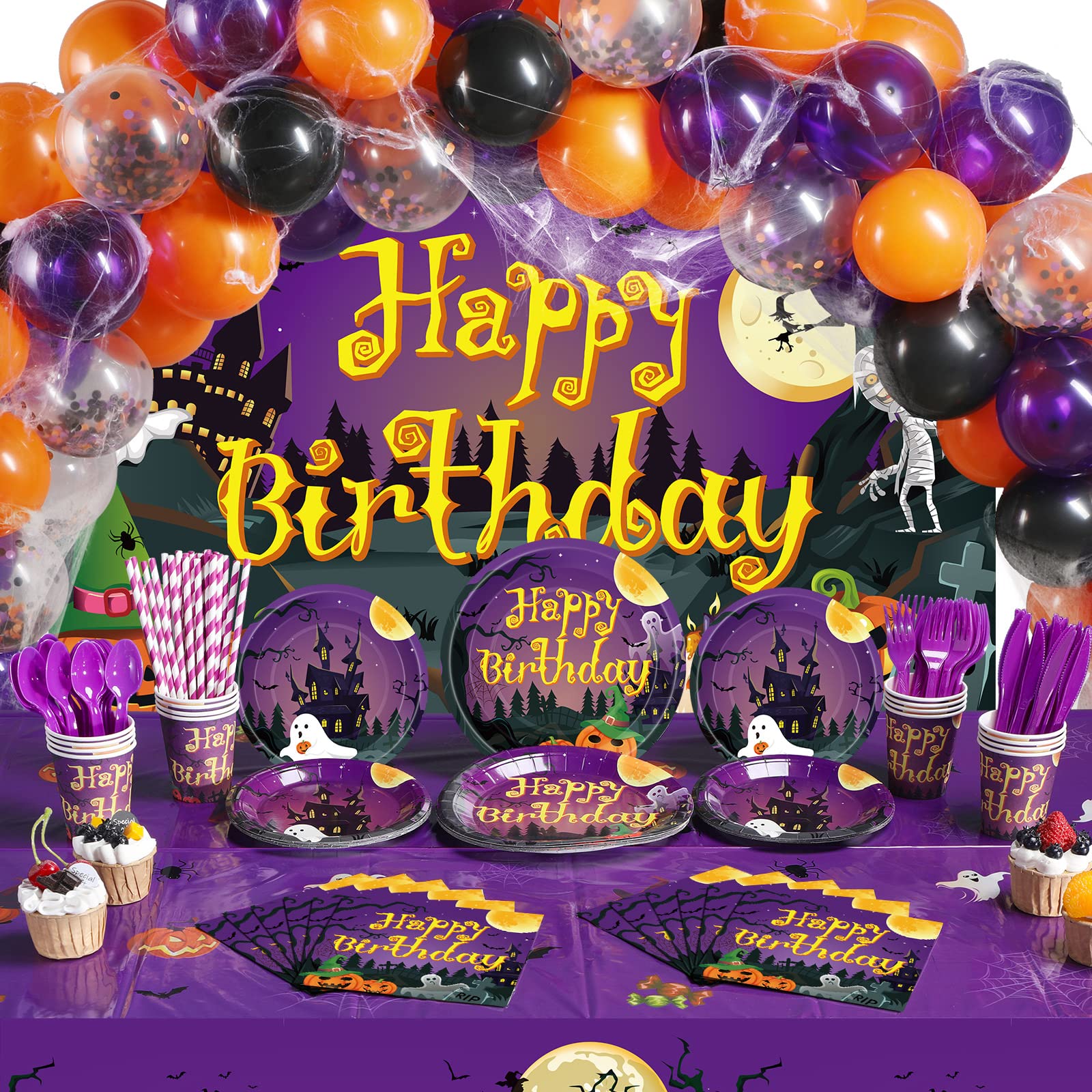 Pajean 277 PCS Halloween Party Supplies Full Set Halloween Happy Birthday Decoration Backdrop Balloons Disposable Plates Tablecloth for Halloween Home Decor and Tableware, Serves 24