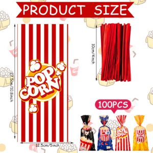 Teling 100 Pcs Popcorn Bags for Party, Popcorn Treat Bags Set, 100 Pcs Candy Bags Red White Stripe Cookie Snacks Bags with 150 Red Twist Ties for Christmas Carnival Birthday Party Favor (Cute Style)