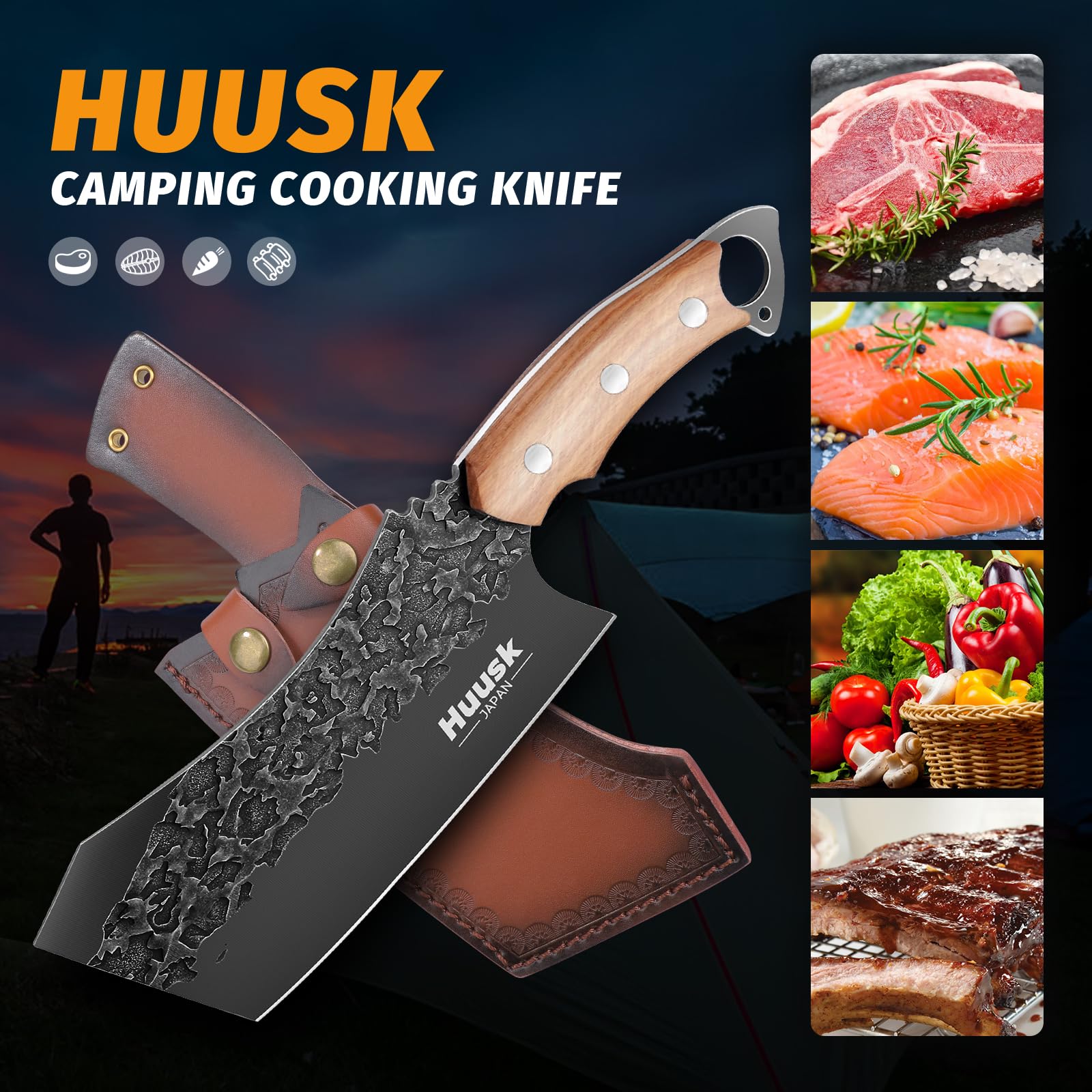 Huusk Meat Cleaver Knife with Sheath, Forged Full Tang Butcher Knife for Meat Cutting Black Viking Knife for Vegetables Cooking Knife for BBQ Camping Outdoor Gifts for Dad Thanksgiving Christmas Gift