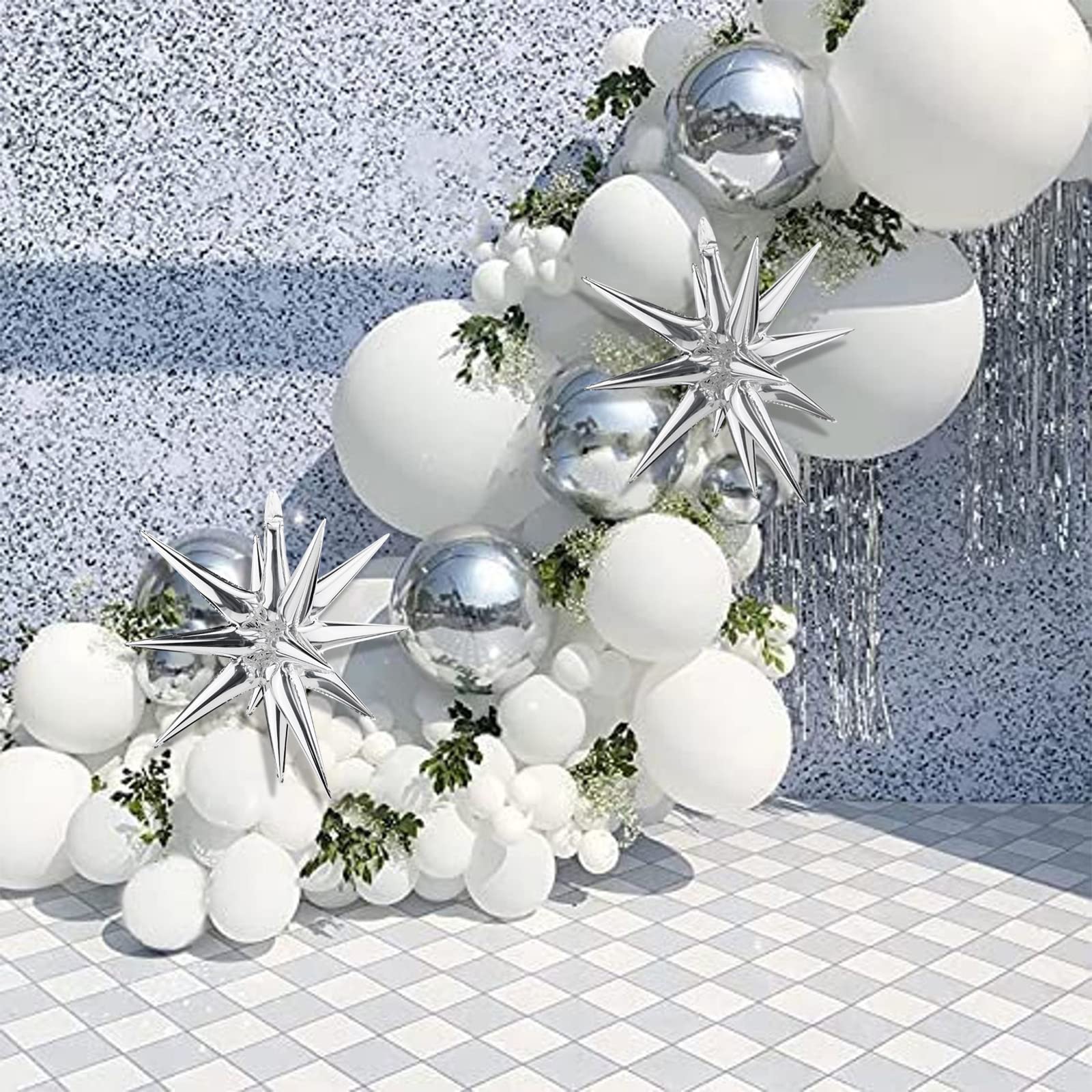 Moukiween 6 Pcs Explosion Star Foil Balloons- 12 Point Star Balloons, Silver Starburst Cone Mylar Balloons Spike Balloons for Party Supplies Christmas Birthday Wedding Baby Shower Photo Booth