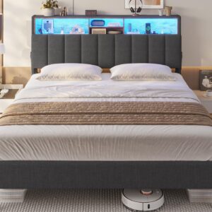 Tiptiper Full Size Bed Frame with LED Lights Headboard, Button Tufted Bed Frame Full with Outlets & USB Ports, Upholstered Bed with Storage, Dark Grey