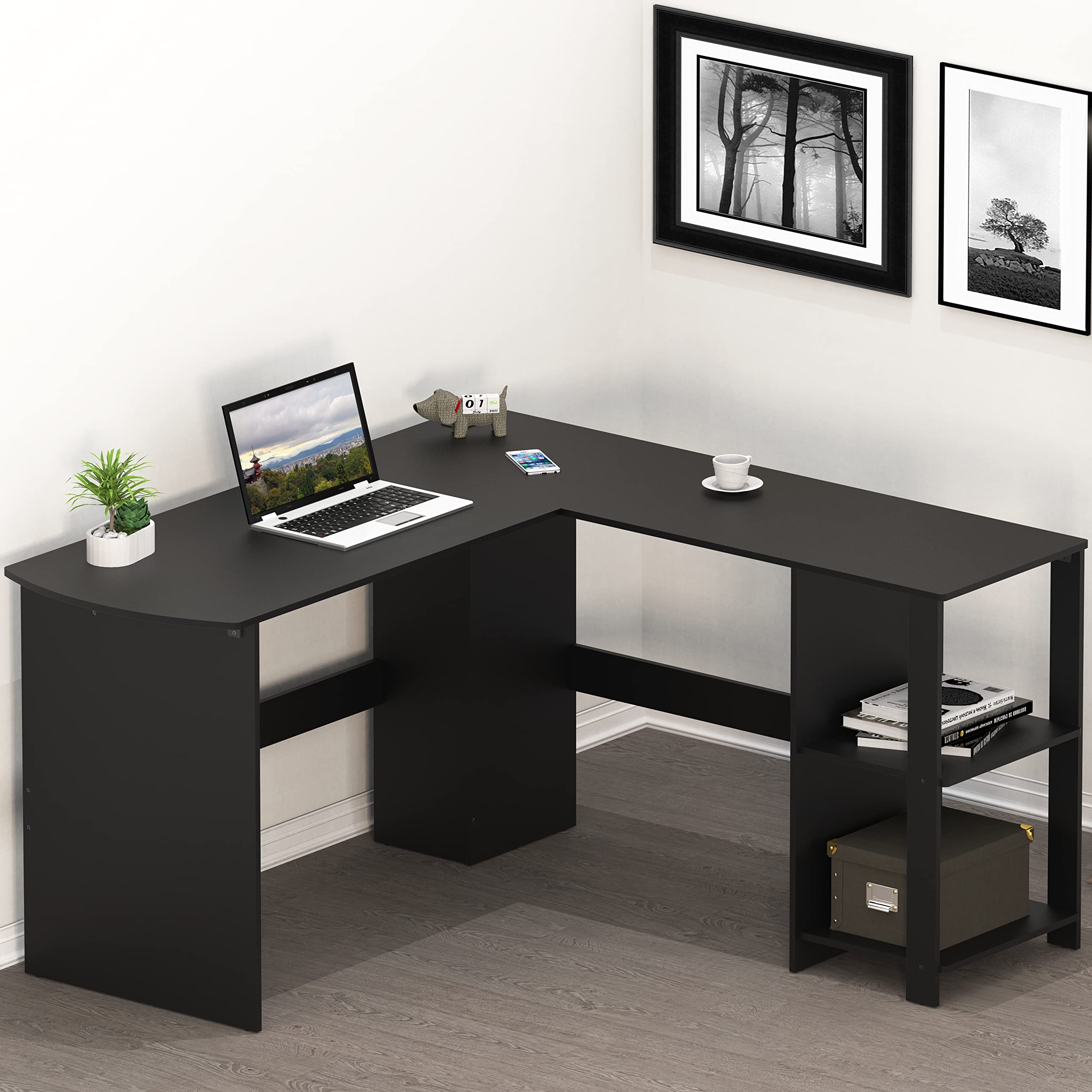 SHW L-Shaped Home Office Wood Corner Desk, Black