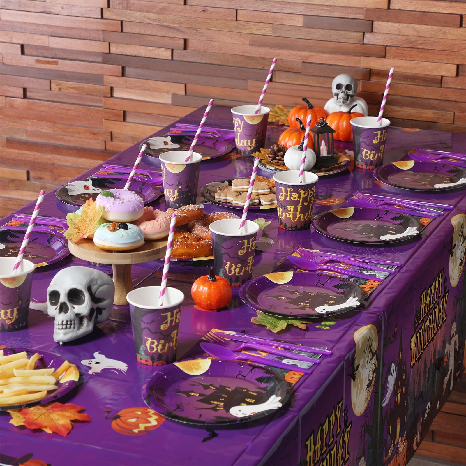 Pajean 277 PCS Halloween Party Supplies Full Set Halloween Happy Birthday Decoration Backdrop Balloons Disposable Plates Tablecloth for Halloween Home Decor and Tableware, Serves 24