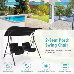 Happygrill 2 Person Porch Swing with Canopy, Outdoor Patio Swing with Center Tray & 6 Gal Cooler Bag, 2 Back Cushions & 2 Seat Cushions Included