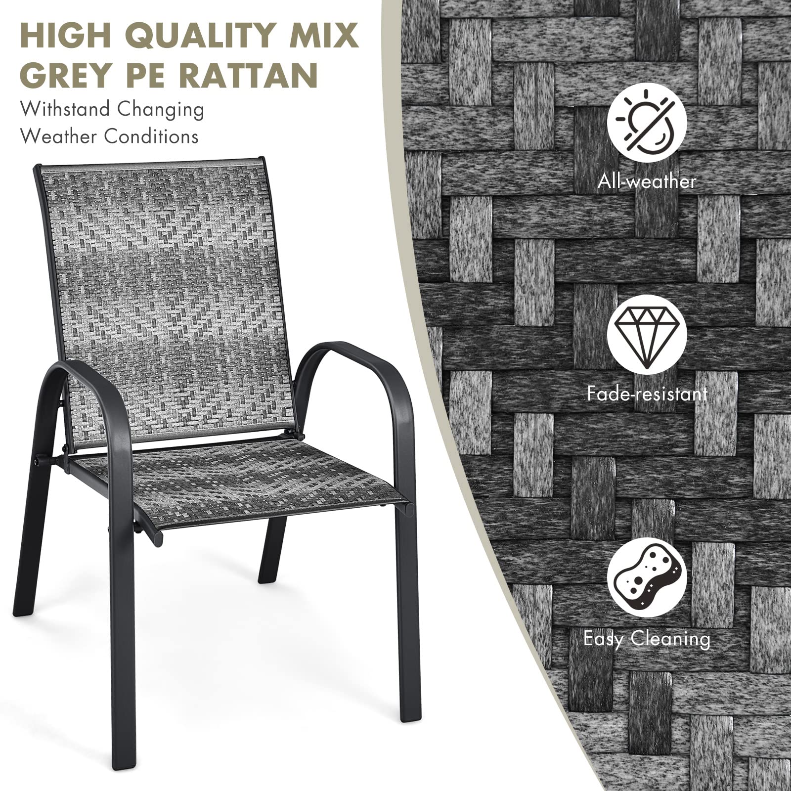 HAPPYGRILL Stackable Dining Chairs Set of 6, Outdoor PE Wicker Patio Arm Chairs with Rustproof Steel Frame, Stackable Bistro Deck Chairs for Backyard Garden and Poolside