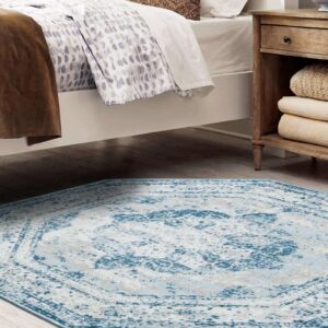 Rugs.com Monte Carlo Collection Rug – 4' Octagon Blue Medium Rug Perfect for Living Rooms, Kitchens, Entryways