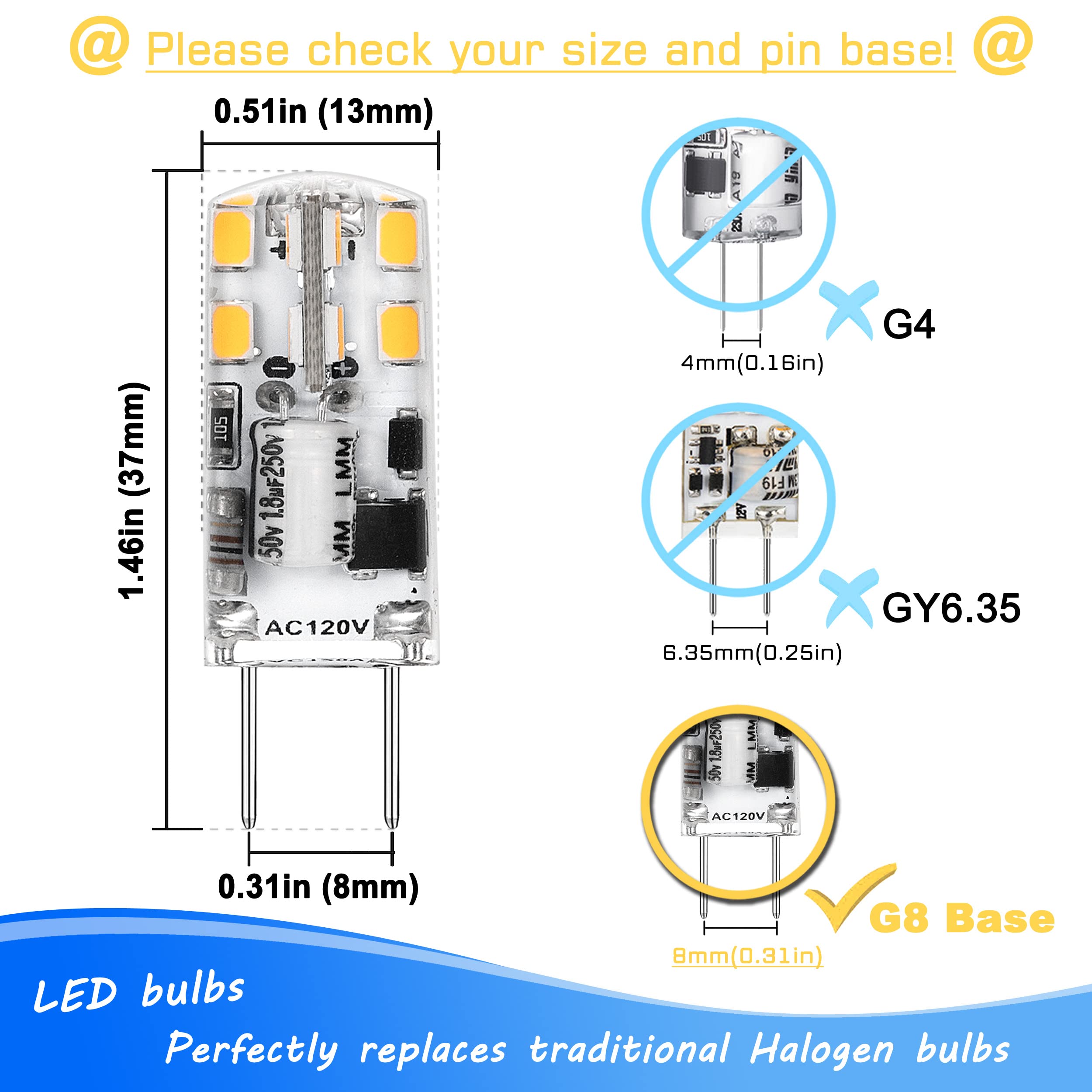 Heifymi 0-100% Dimmable G8 Led Bulbs 3W 4000K Natural White,Replace G8 20 Watt 25 Watt Halogen,120V G8 2Pin Led Light Bulb T4 JCD Type for Under Cabinet Kitchen Lighting,No Flicker,6Pack