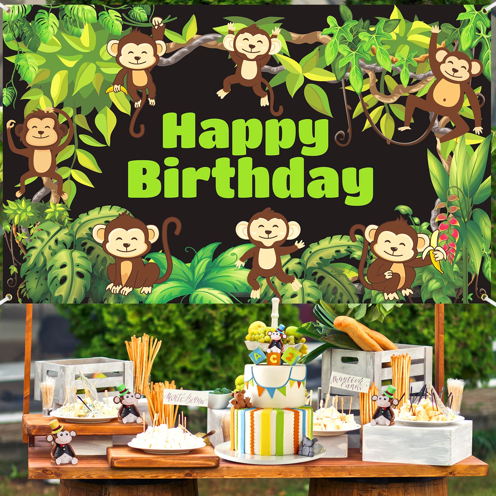 Monkey Jungle Safari Birthday Banner Decorations Cute Monkeys Theme Birthday Backdrop for Boy Girl Kid Forest Green Leaves Photography Background for Birthday Baby Shower Wild Party Supplies 71x44Inch