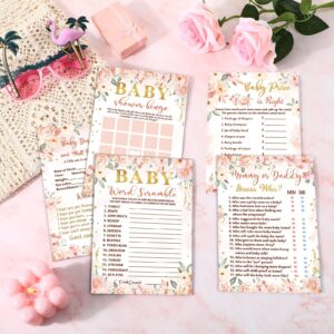 125 Pcs Floral Baby Shower Games for Girls Set of 5 Baby Shower Game Activities Floral Cards with 20 Pencils Includes Baby Bingo Guess Who Baby Price Is Right Description Word Scramble Game