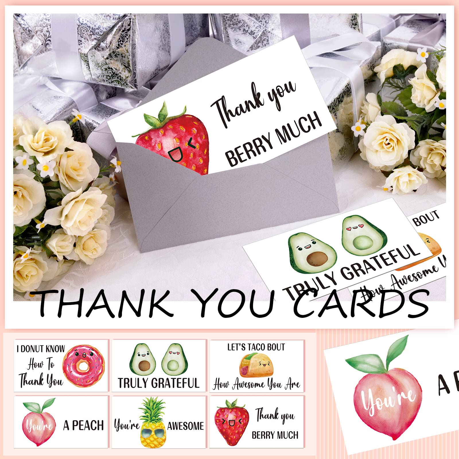 Woanger 210 Pcs Funny Thank You Cards Bulk Small Thank You Notes Pun 2 x 3.5 Inch Employee Appreciation Card Greeting Note Cards For Christmas Gifts Business Coworker Friends Recognition (Fruit)