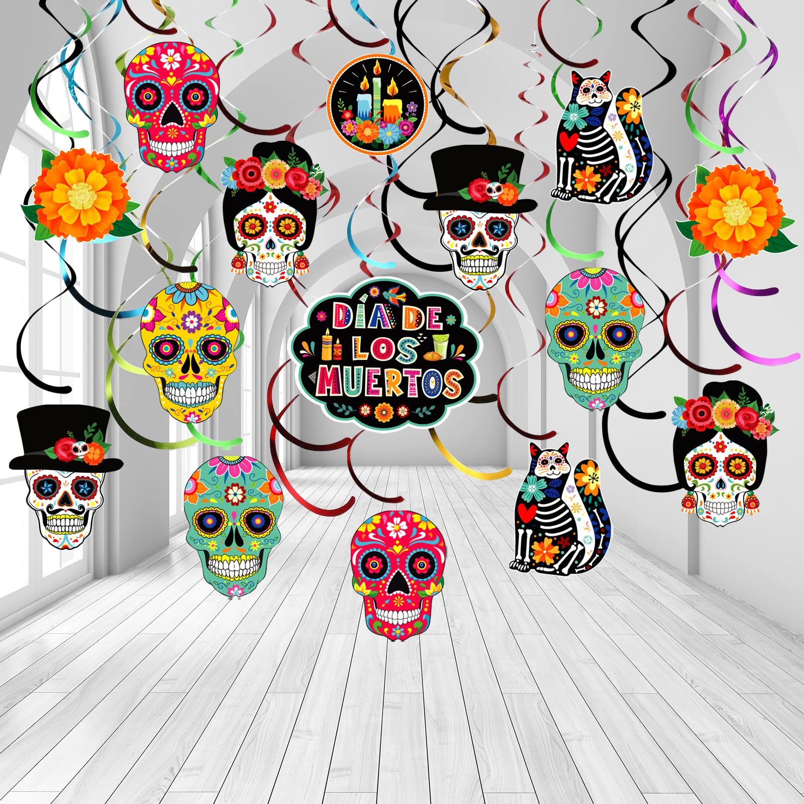 Day of The Dead Decorations Dia De Los Muertos Hanging Swirls Decor Sugar Skull Flowers Day of the Dead Decor for Birthday Mexican Party Supplies, Set of 50