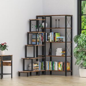 PONROL Large Corner Bookshelf Bookcase, Industrial Reversible 5 Tier Ladder Shelves Storage Display Rack with Metal Frame, Modern Home Office Furniture for Living Room Bedroom