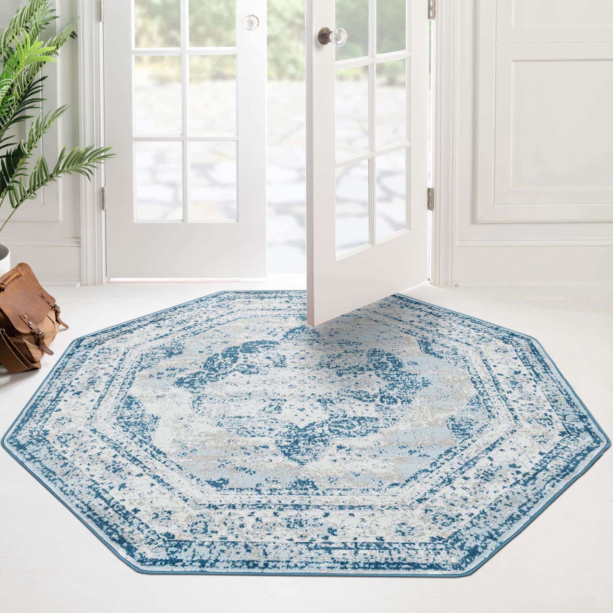 Rugs.com Monte Carlo Collection Rug – 4' Octagon Blue Medium Rug Perfect for Living Rooms, Kitchens, Entryways