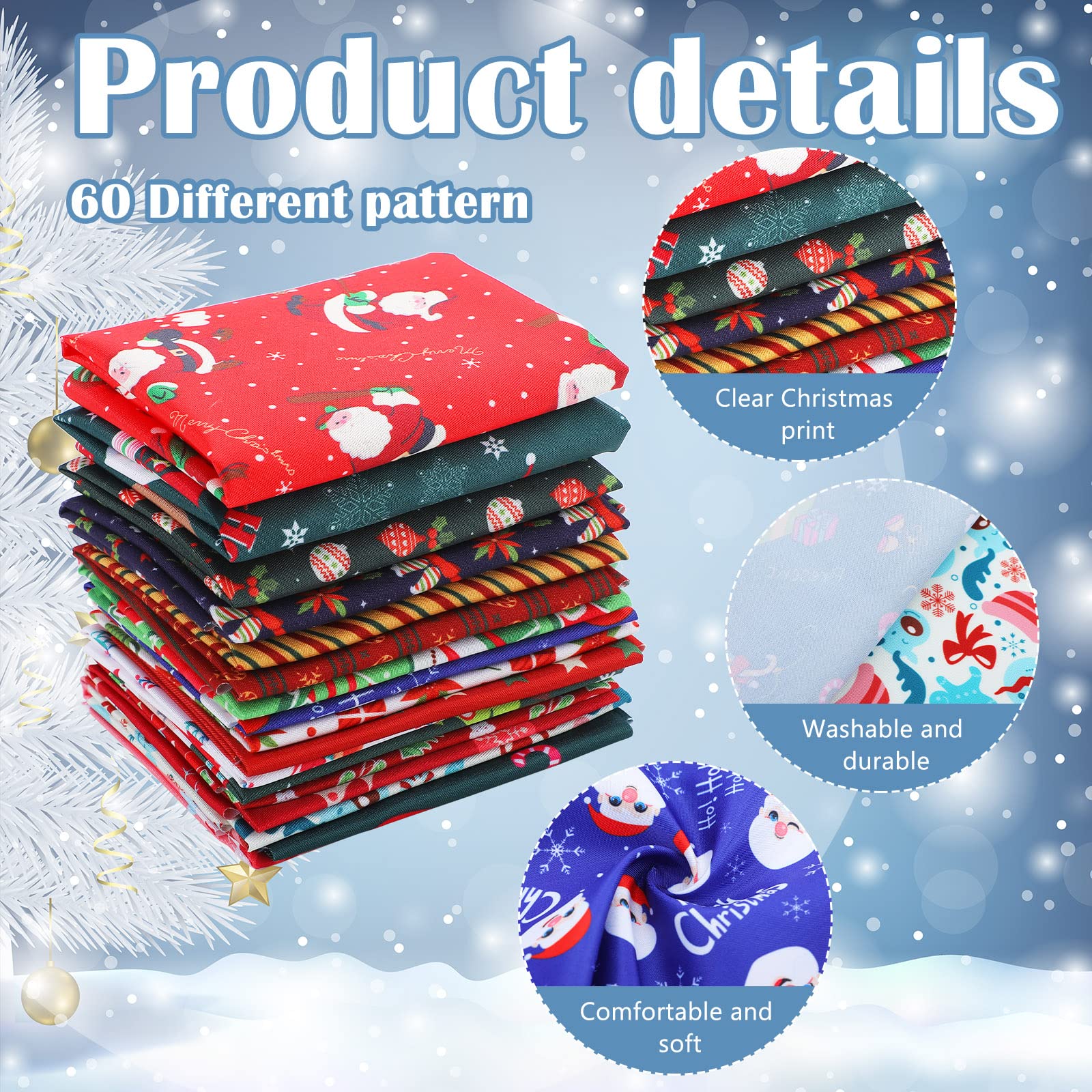 60 Pieces Christmas 10 x 10 Inch Fabric Bundles Sewing Quilting Fabric Happy Christmas Santa Claus Elk Snowflake Christmas Tree Printing Fabric Squares Craft Fabric for Patchwork Sewing DIY Party