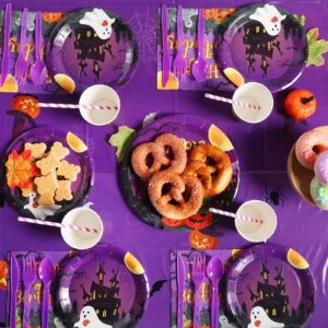 Pajean 277 PCS Halloween Party Supplies Full Set Halloween Happy Birthday Decoration Backdrop Balloons Disposable Plates Tablecloth for Halloween Home Decor and Tableware, Serves 24