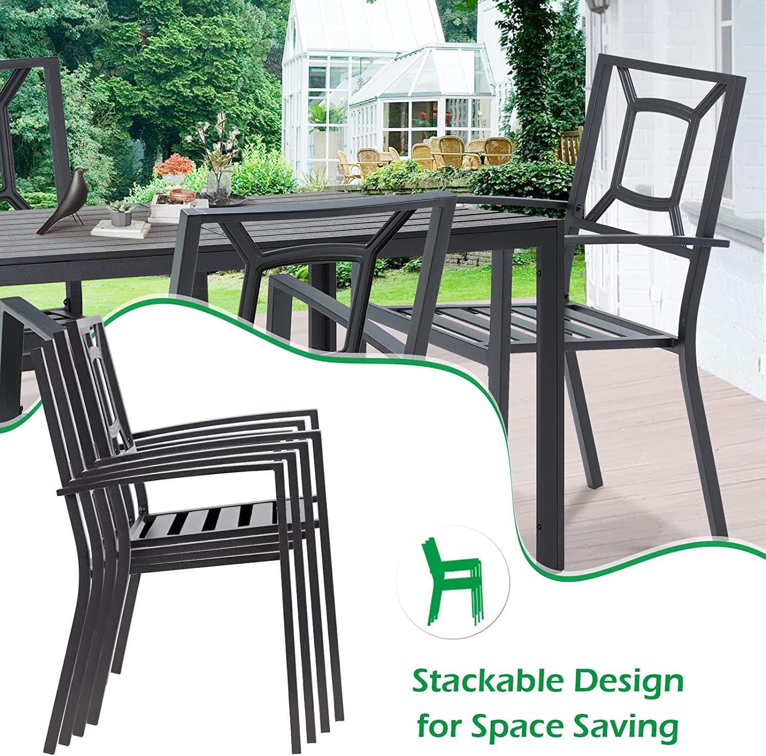 AECOJOY 7 Piece Outdoor Dining Set, Patio Table and Chairs Set with Rectangular Aluminum Table and 6 Metal Stackable Chairs for Garden, Backyard, Matte Black