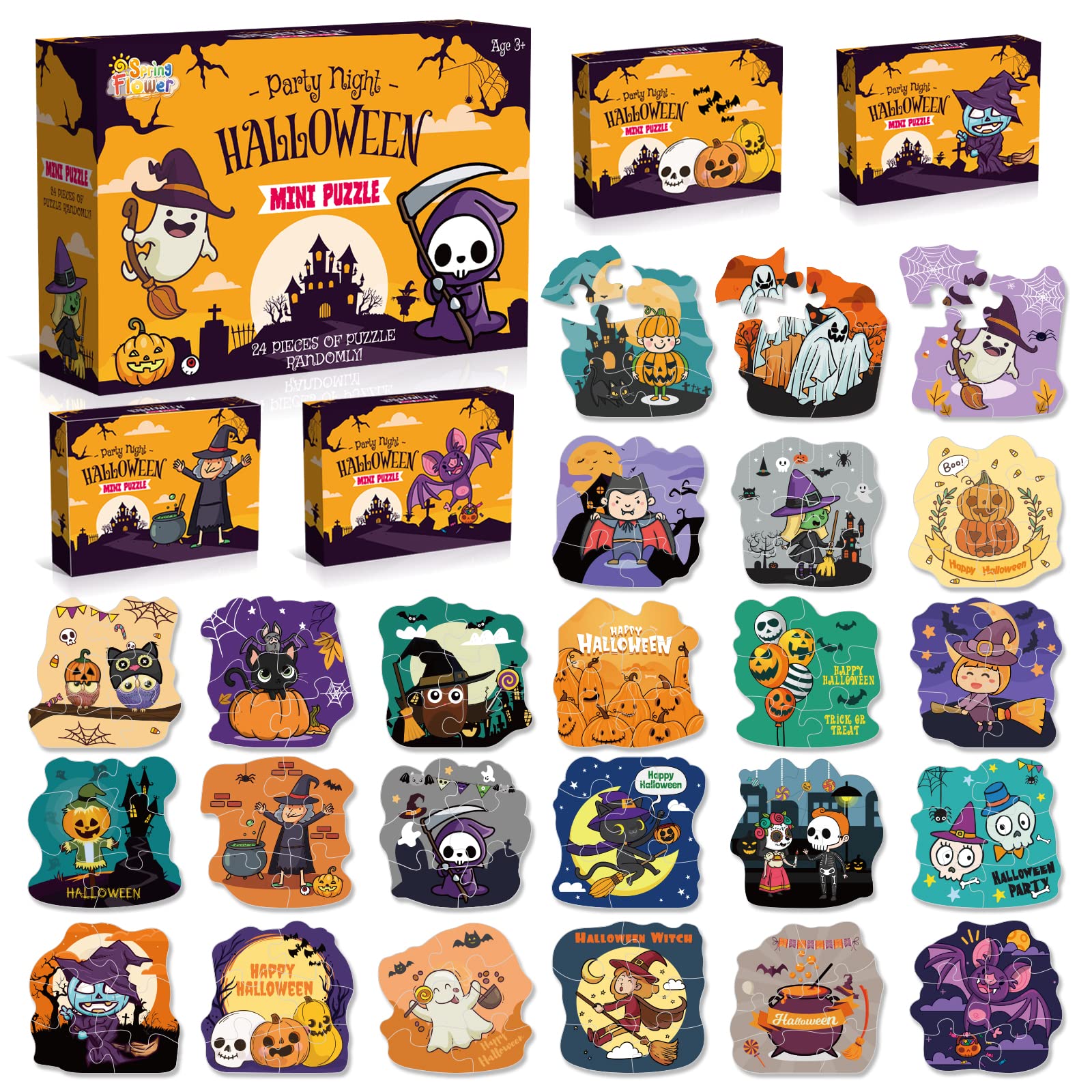 Halloween Party Favor for Kids, 24 Pack Jigsaw Puzzles in Halloween Theme Designs for Trick or Treating, Halloween Goodie Bag Filler, Halloween Miniatures Novelty Toy, School Classroom Rewards