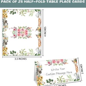 Table Place Card for Baby Shower, 25 Pcs Tent Cards Set with Floral Design, Editable Name Cards for Table Seating, Wild Animal Birthday Party Food Lables, Safari Jungle Baby Shower Decorations(13)