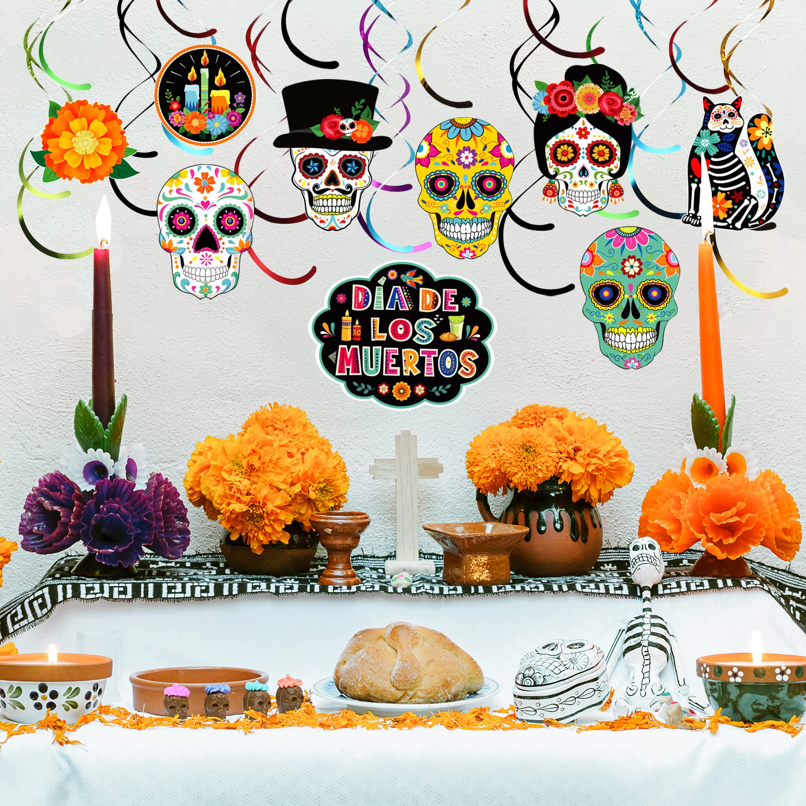 Day of The Dead Decorations Dia De Los Muertos Hanging Swirls Decor Sugar Skull Flowers Day of the Dead Decor for Birthday Mexican Party Supplies, Set of 50