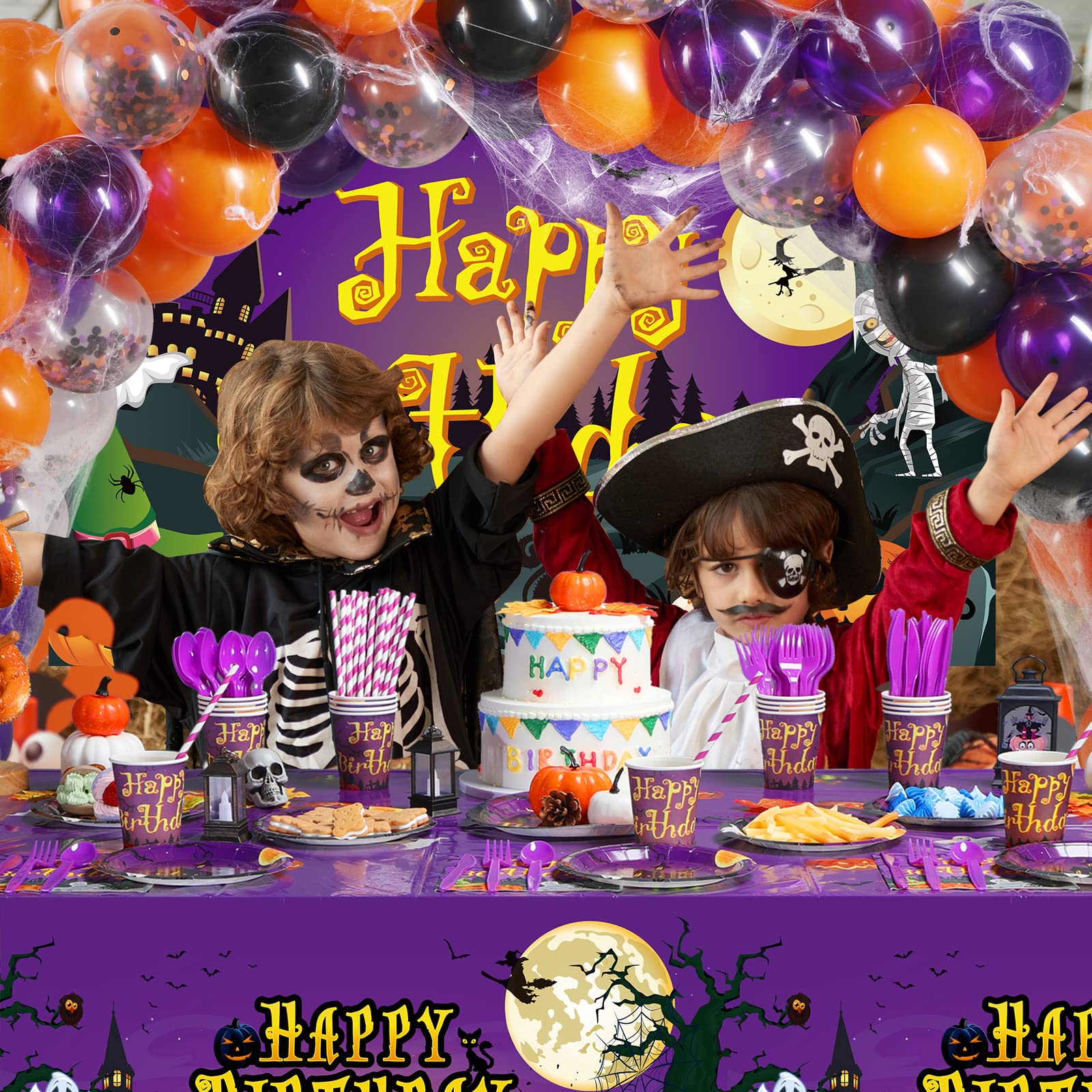 Pajean 277 PCS Halloween Party Supplies Full Set Halloween Happy Birthday Decoration Backdrop Balloons Disposable Plates Tablecloth for Halloween Home Decor and Tableware, Serves 24