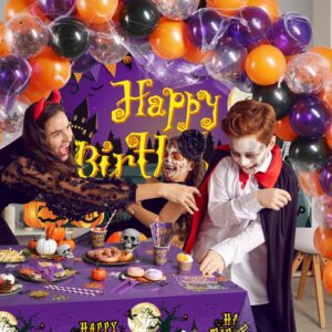 Pajean 277 PCS Halloween Party Supplies Full Set Halloween Happy Birthday Decoration Backdrop Balloons Disposable Plates Tablecloth for Halloween Home Decor and Tableware, Serves 24