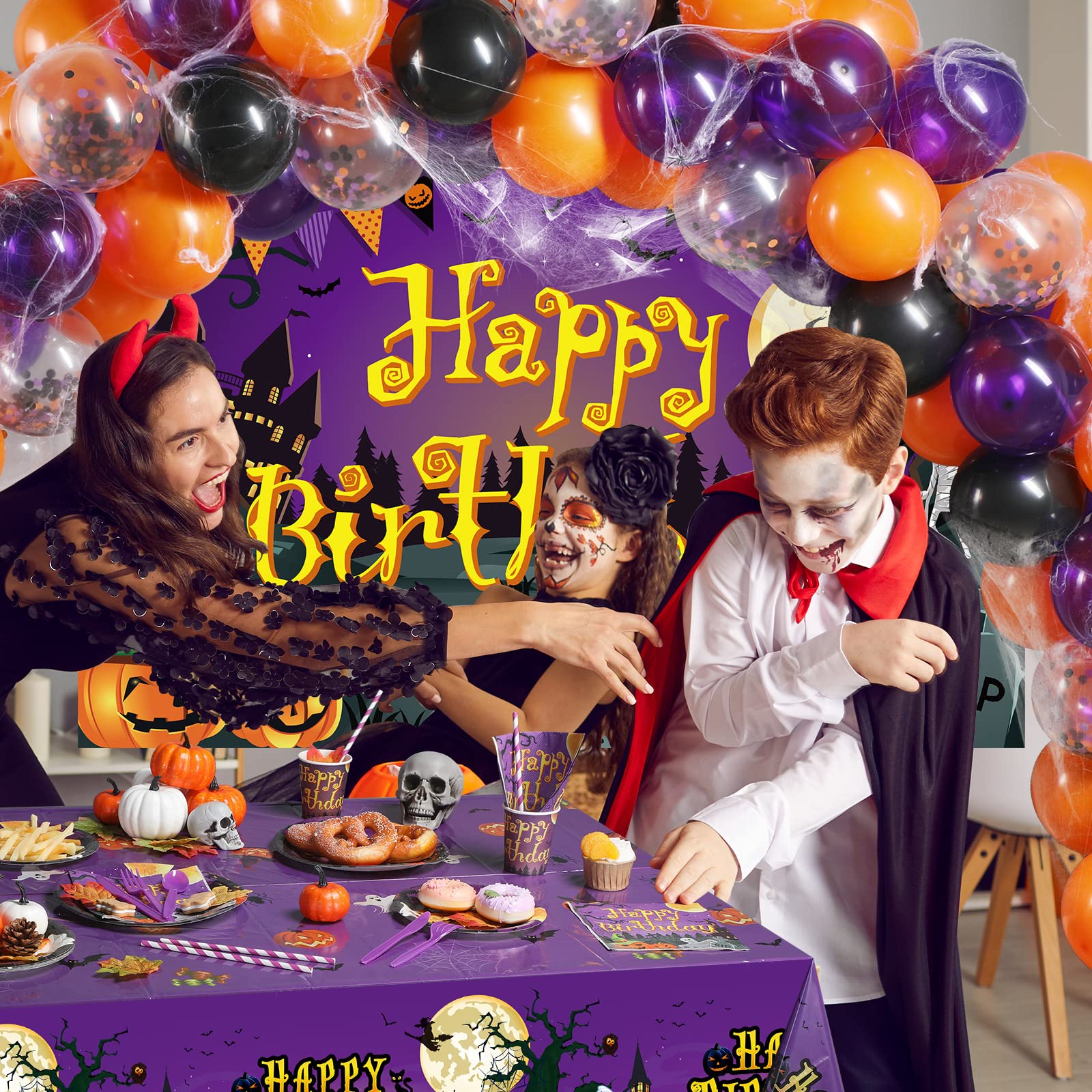 Pajean 277 PCS Halloween Party Supplies Full Set Halloween Happy Birthday Decoration Backdrop Balloons Disposable Plates Tablecloth for Halloween Home Decor and Tableware, Serves 24