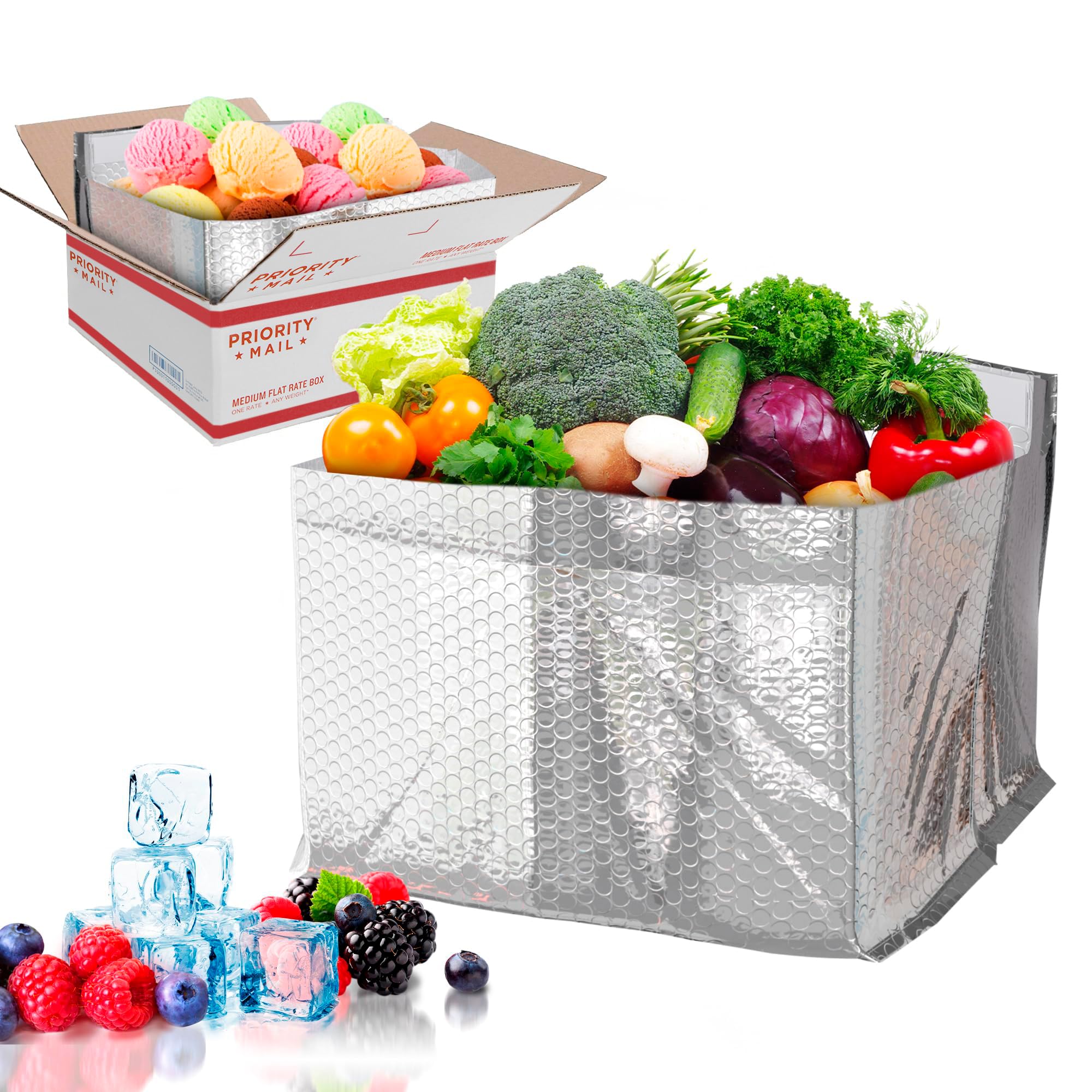 ABC 5 Pack Double Layer Foil Insulated Box Liners 12 x 12 x 5.5 inches. Fits USPS Large Flat Rate Box (12" x 12" x 5.5") Silver Shipping Boxes for Frozen Food, Odorless Insulated Containers.