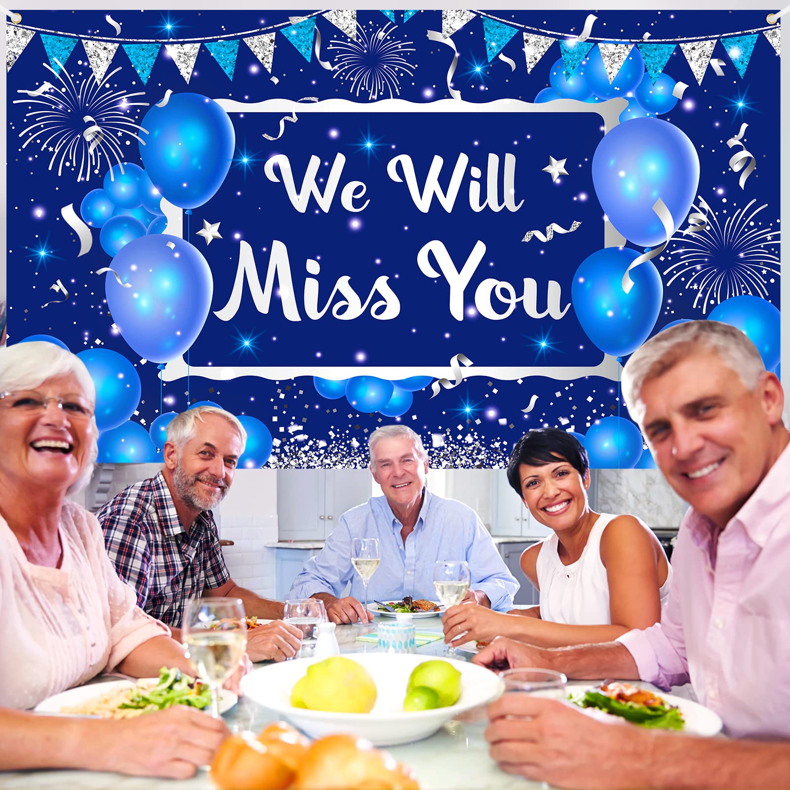 We Will Miss You Banner Party Decorations Navy Blue Silver Going Away Party Banner Supplies for Retirement Farewell Anniversary Veteran Graduation Office Job Change Work Goodbye Party Decorations