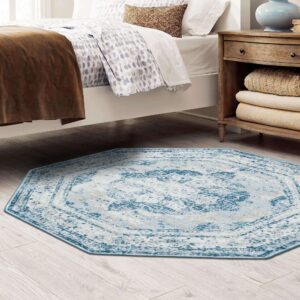 Rugs.com Monte Carlo Collection Rug – 4' Octagon Blue Medium Rug Perfect for Living Rooms, Kitchens, Entryways