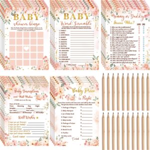 125 pcs floral baby shower games for girls set of 5 baby shower game activities floral cards with 20 pencils includes baby bingo guess who baby price is right description word scramble game