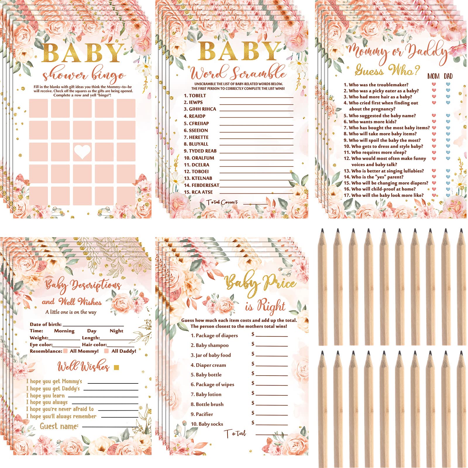 125 Pcs Floral Baby Shower Games for Girls Set of 5 Baby Shower Game Activities Floral Cards with 20 Pencils Includes Baby Bingo Guess Who Baby Price Is Right Description Word Scramble Game