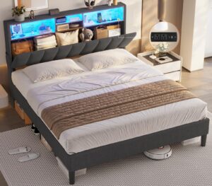 tiptiper full size bed frame with led lights headboard, button tufted bed frame full with outlets & usb ports, upholstered bed with storage, dark grey