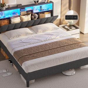 Tiptiper Full Size Bed Frame with LED Lights Headboard, Button Tufted Bed Frame Full with Outlets & USB Ports, Upholstered Bed with Storage, Dark Grey