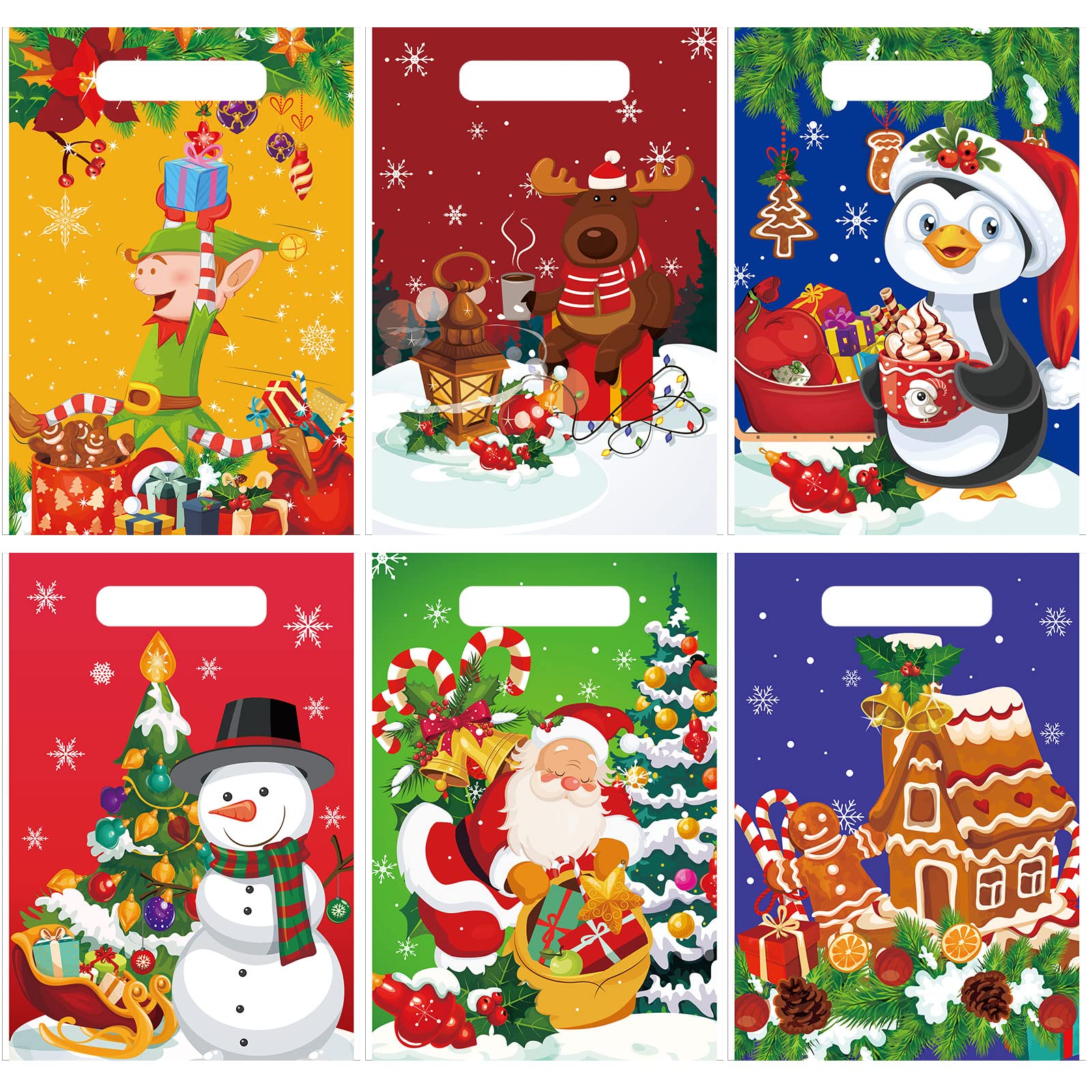 150 Pieces Christmas Bags Christmas Snacks Bags Xmas Plastic Party Favor Bags with Handles Christmas Gift Wrap Bags Goodie Bags for Christmas Holiday Goody Gift Party Decoration Supplies, 6 Styles