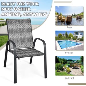 HAPPYGRILL Stackable Dining Chairs Set of 6, Outdoor PE Wicker Patio Arm Chairs with Rustproof Steel Frame, Stackable Bistro Deck Chairs for Backyard Garden and Poolside