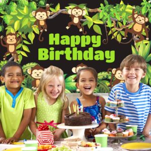 Monkey Jungle Safari Birthday Banner Decorations Cute Monkeys Theme Birthday Backdrop for Boy Girl Kid Forest Green Leaves Photography Background for Birthday Baby Shower Wild Party Supplies 71x44Inch