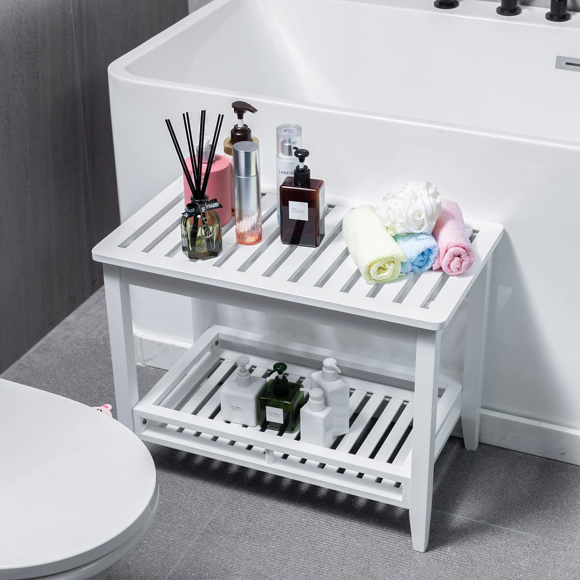 Zoopolyn Bamboo Shower Bench Seat with Storage Shelf Shower Stool Chair for Shaving Legs in Bathroom & Inside Shower White