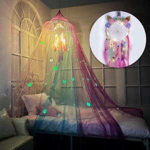 Kenyon Creek Rainbow Princess Bed Canopy with Lights for Girls Room, Unicorn Dream Catcher