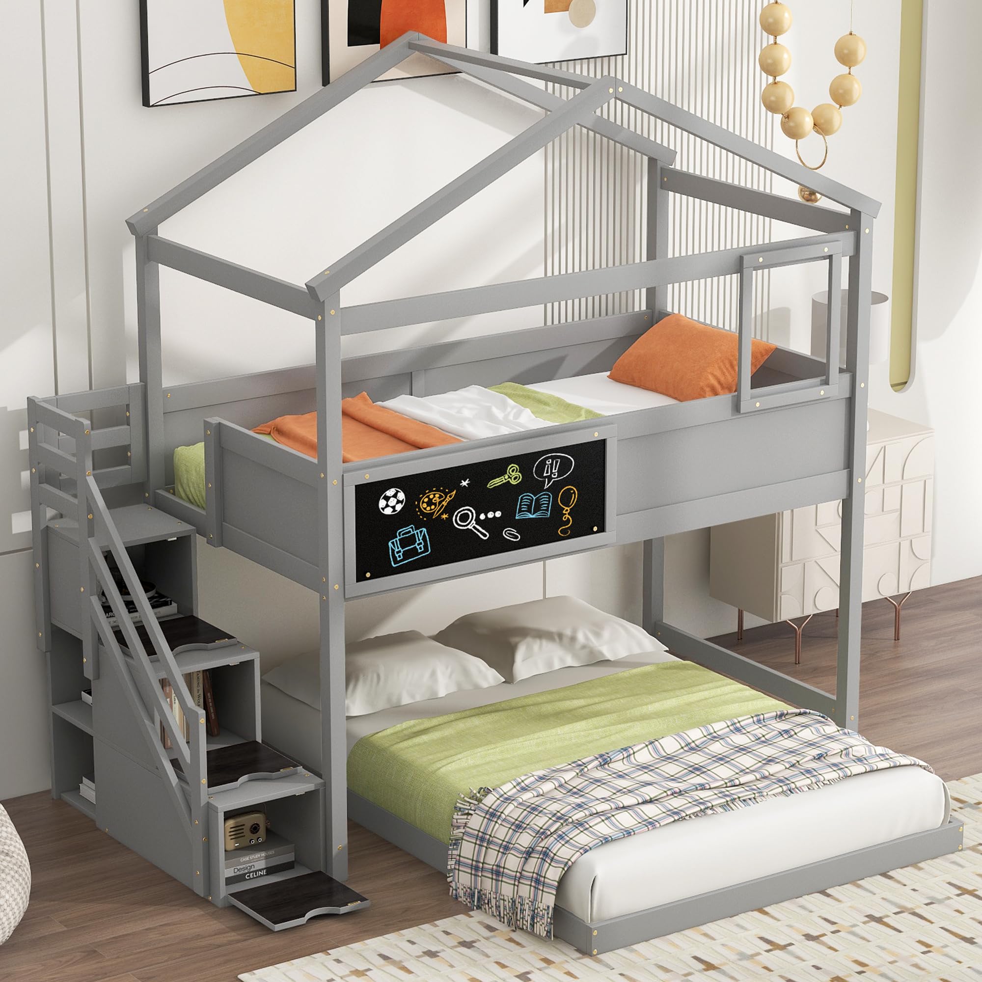 Harper & Bright Designs Twin Over Full House Bunk Bed with Stairs and Blackboard, Wood Floor Bunk Bed Frame with Storage Staircase, for Kids Teens (Gray)